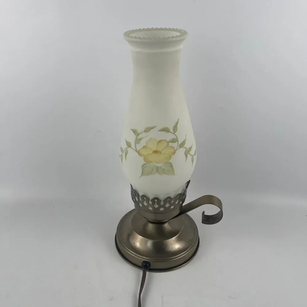 Vintage Electric Hurricane Lamp with White Floral Globe 12”